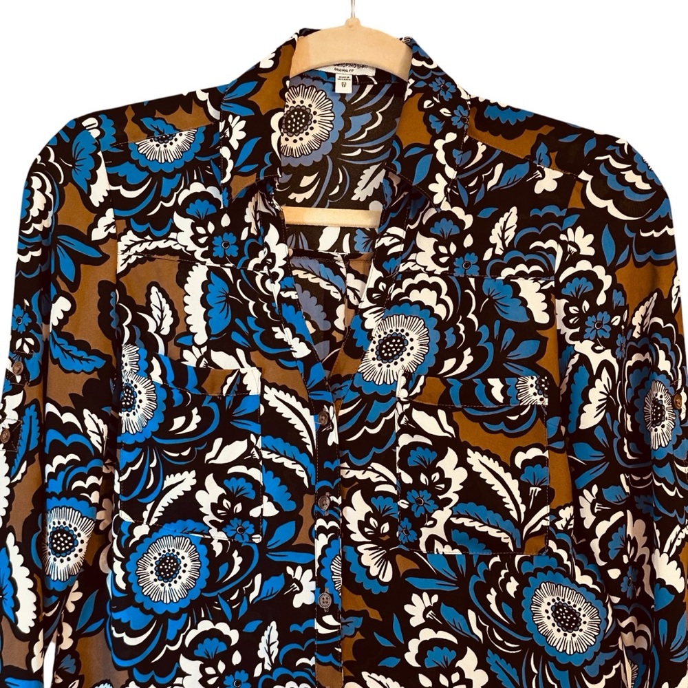 Express Portofino V Neck Collared Shirt Bold Graphic Floral Colorful Brown Blue